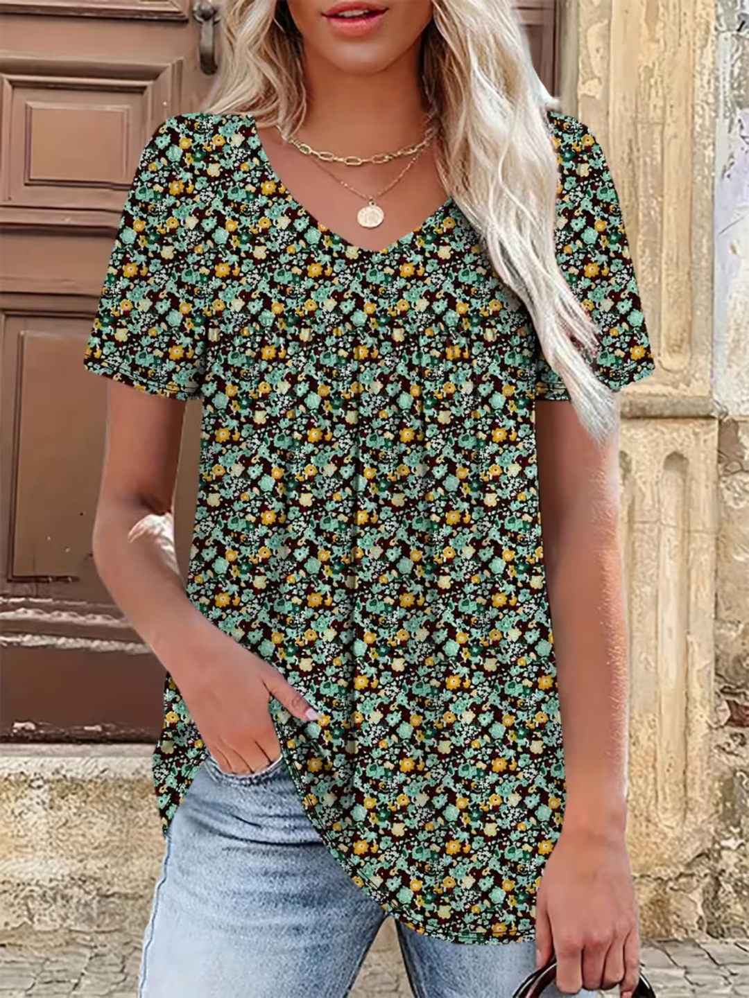 T-shirt damski plus size z kwiatowym nadrukiem, casualowy letni top