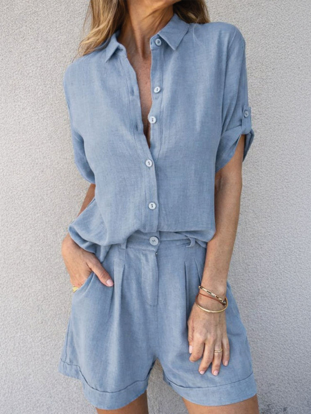 Women Summer Two Piece Set Breathable Linen Shirt Shorts Casual Outfit