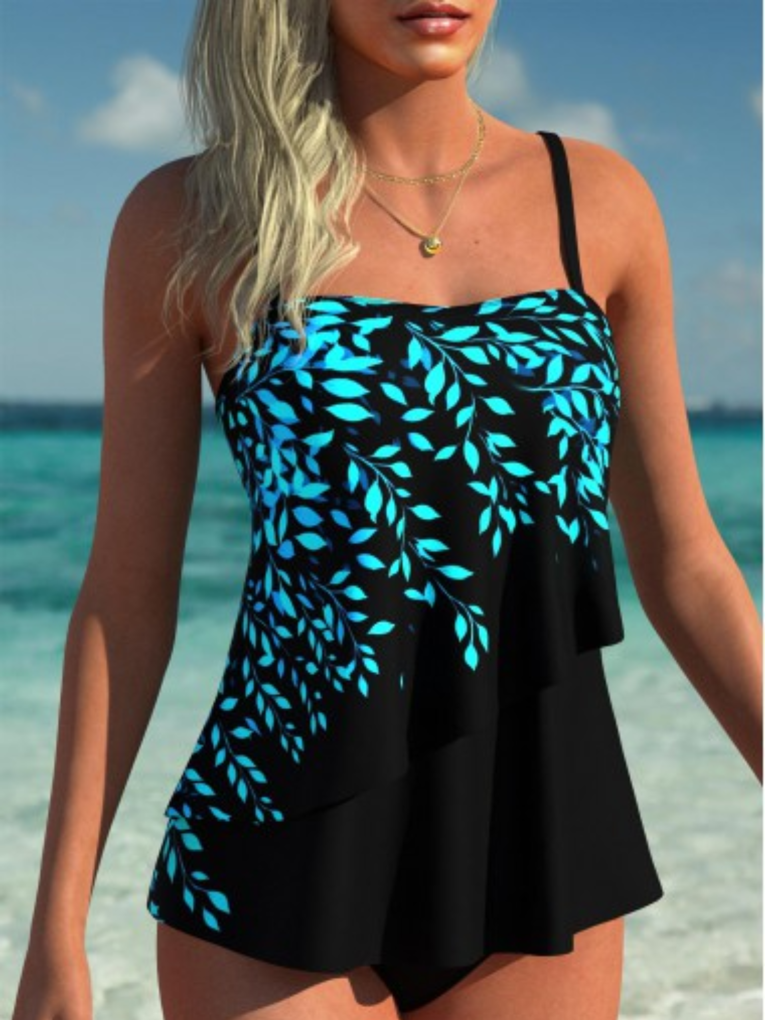 Women’s Tummy Control Tankini Set Mid Waist Striped Swimwear