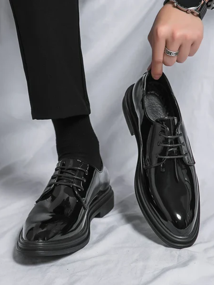 Men's black patent derby dress shoes for weddings and suits