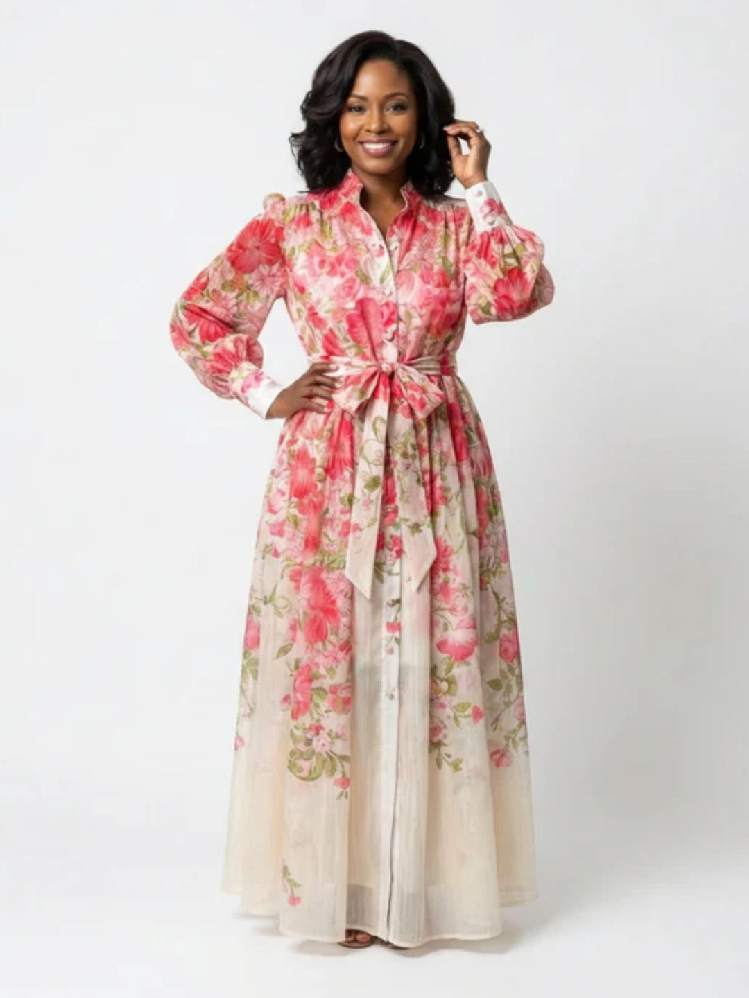 Women floral maxi dress sheer long sleeve summer outfit