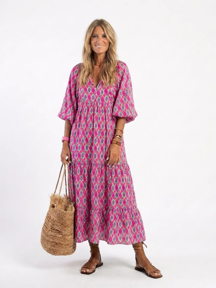 Women's Midi Dress V-Neck Patterned Dress for Work Wear