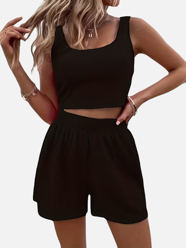 Women’s Summer Lounge Set Ribbed Crop Top and Shorts Set