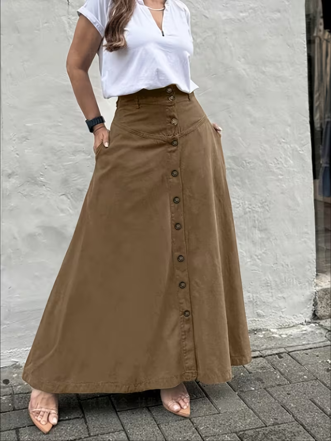 Women’s High Waist Midi Skirt with Pockets A-Line Split