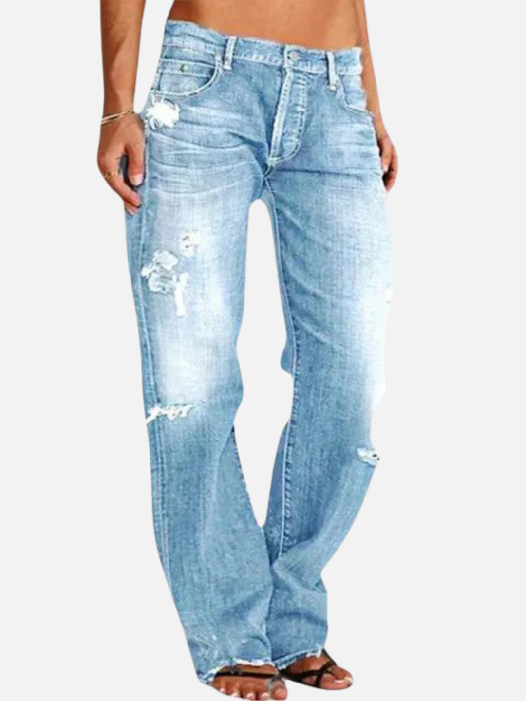 Women’s Low Rise Distressed Jeans Straight Leg Light Wash Denim