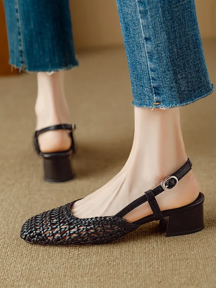 Women’s summer mid heel sandals breathable woven ankle strap