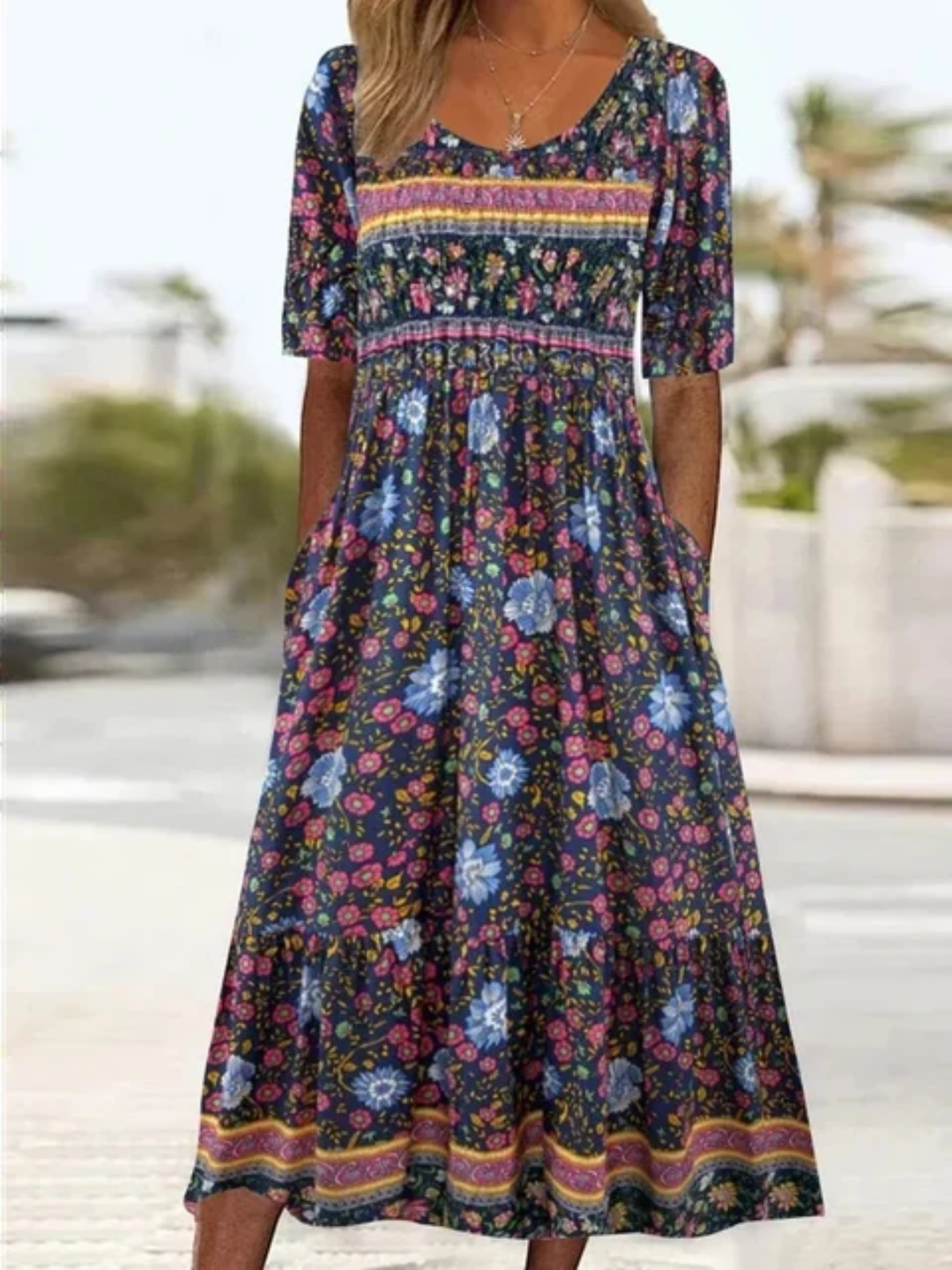 Women's Boho Print Midi Dress for Summer Casual Wear