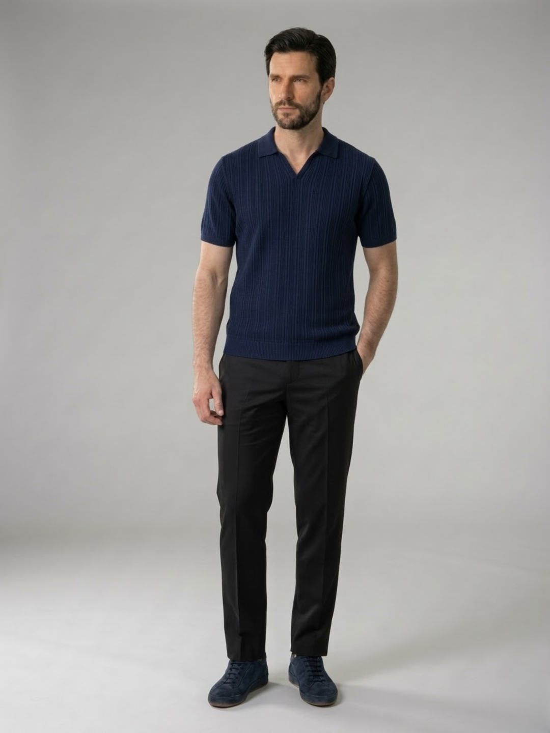 Men’s Ribbed Knit Polo – Lightweight Open Collar Summer Shirt
