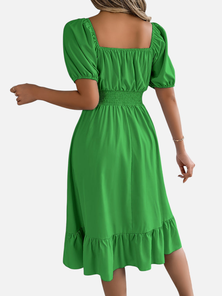 Women’s Midi Dress Square Neck A-Line Waist Belt Summer Dress