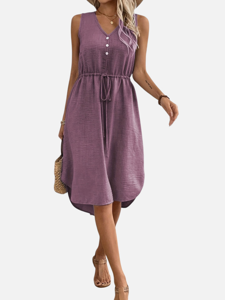 Women's Casual Summer Maxi Dress V-Neck Drawstring Waist