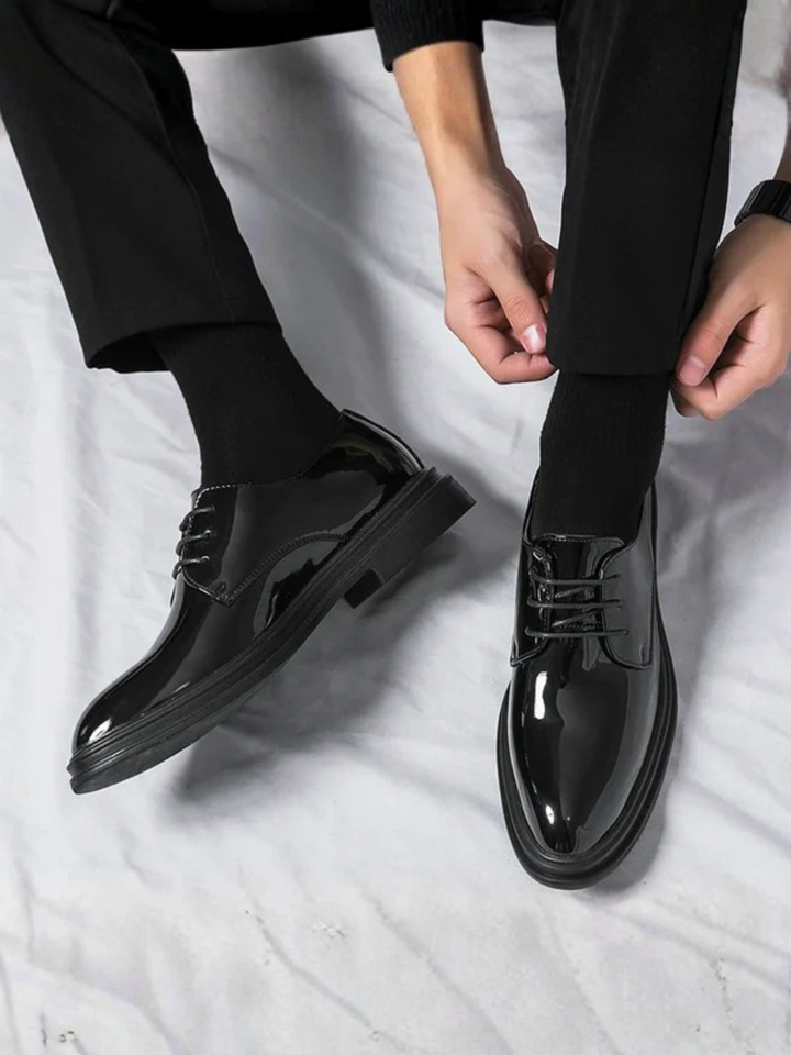 Men's black patent derby dress shoes for weddings and suits