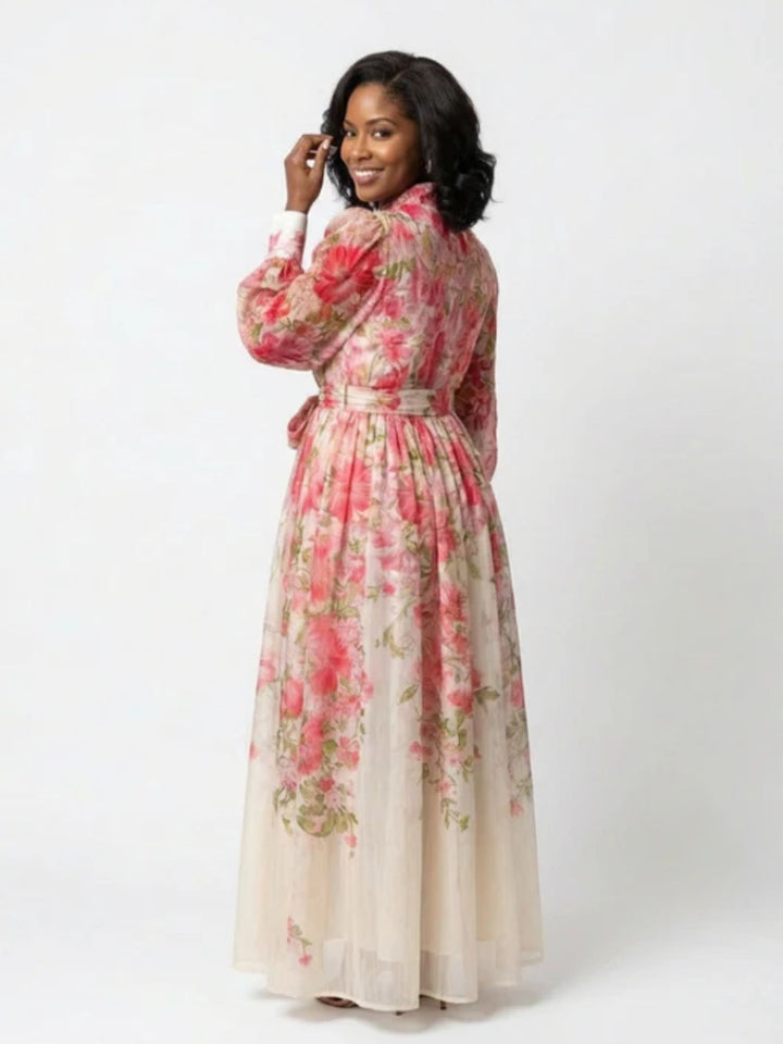 Women floral maxi dress sheer long sleeve summer outfit