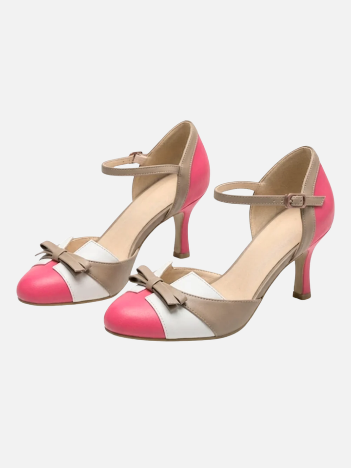Women's ankle strap bow heels for wedding guest outfit