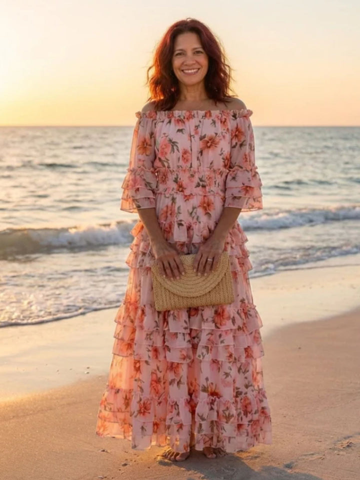 Women’s Summer Maxi Dress Airy Floral Off Shoulder Vacation Wear