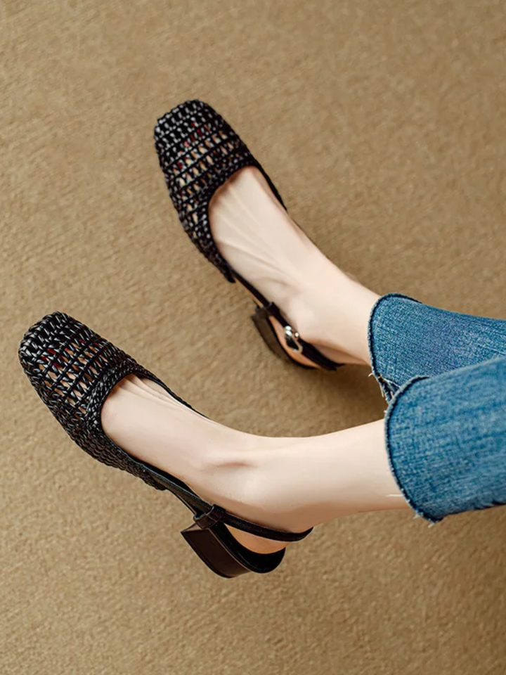 Women’s summer mid heel sandals breathable woven ankle strap