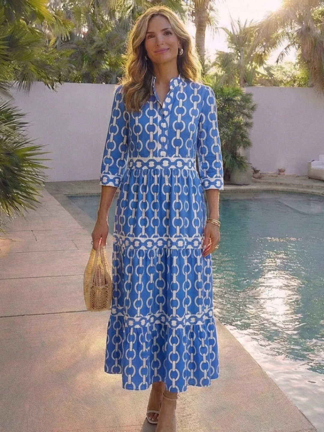 Women's chain print midi dress 3/4 sleeve elegant evening wear