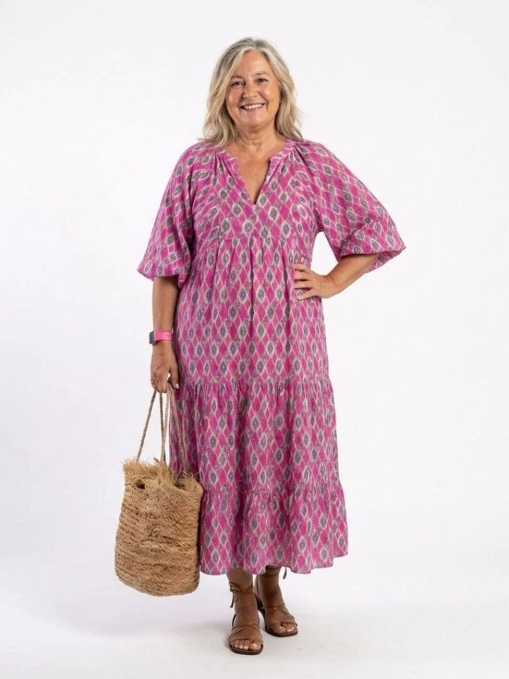 Women's Midi Dress V-Neck Patterned Dress for Work Wear
