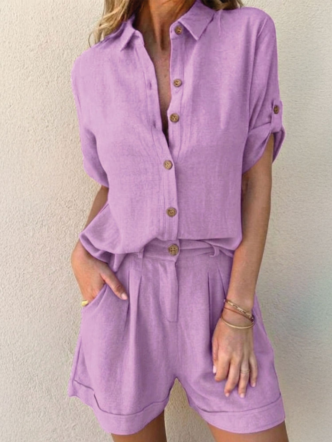 Women Summer Two Piece Set Breathable Linen Shirt Shorts Casual Outfit