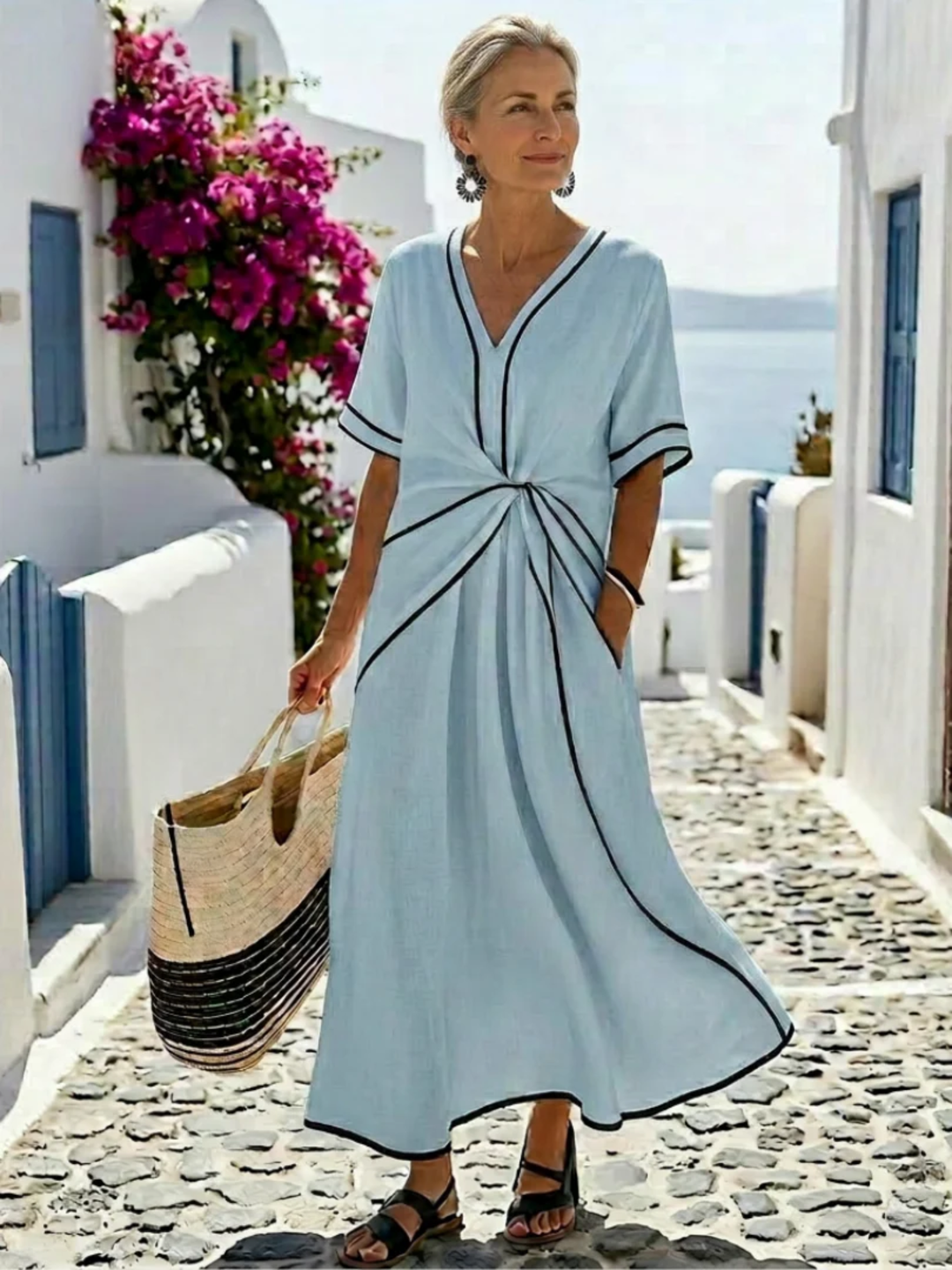 V-Neck Midi Dress for Women Short Sleeve Gathered Waist Dress