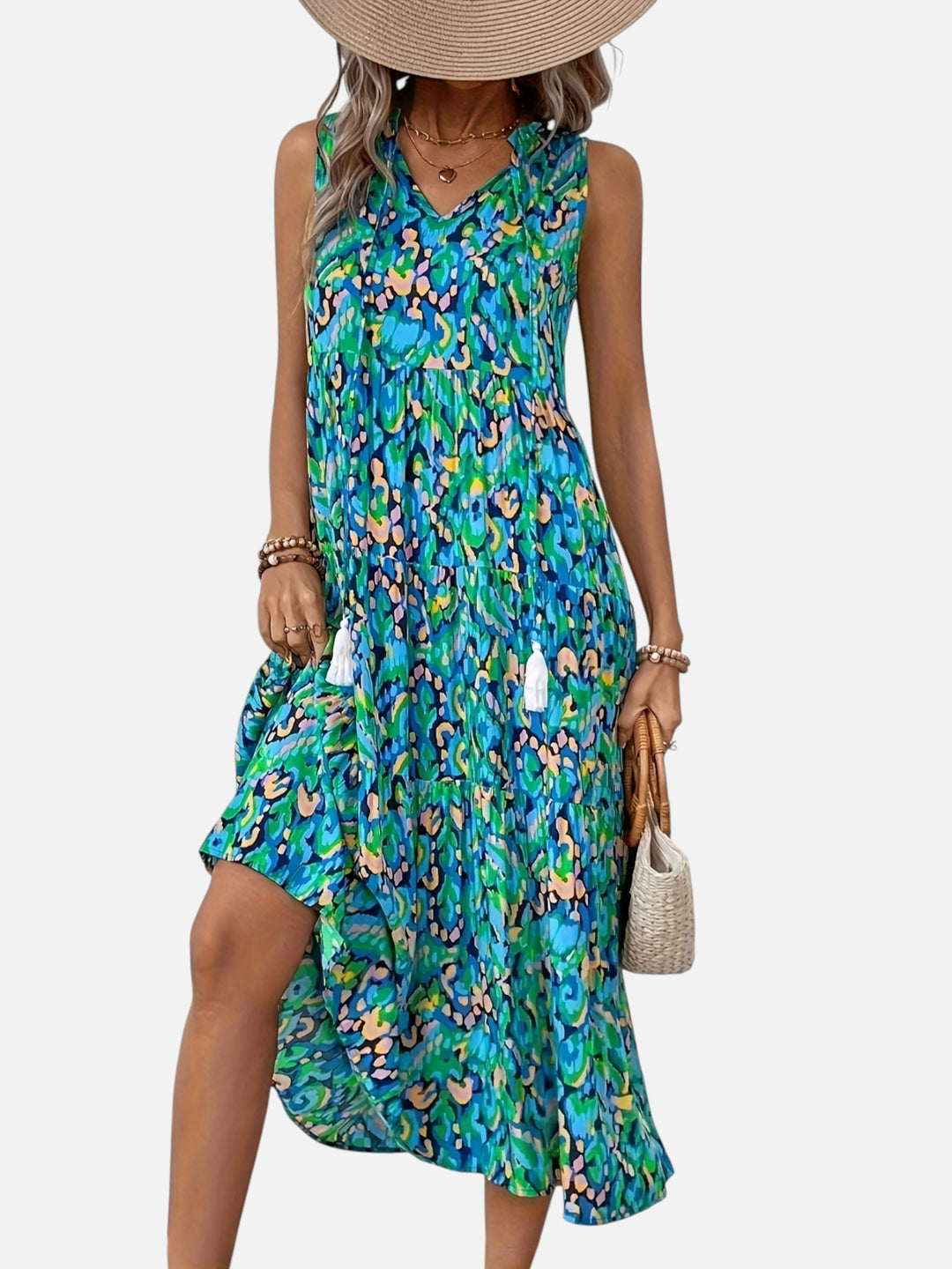 women's boho maxi dress sleeveless summer vacation outfit printed