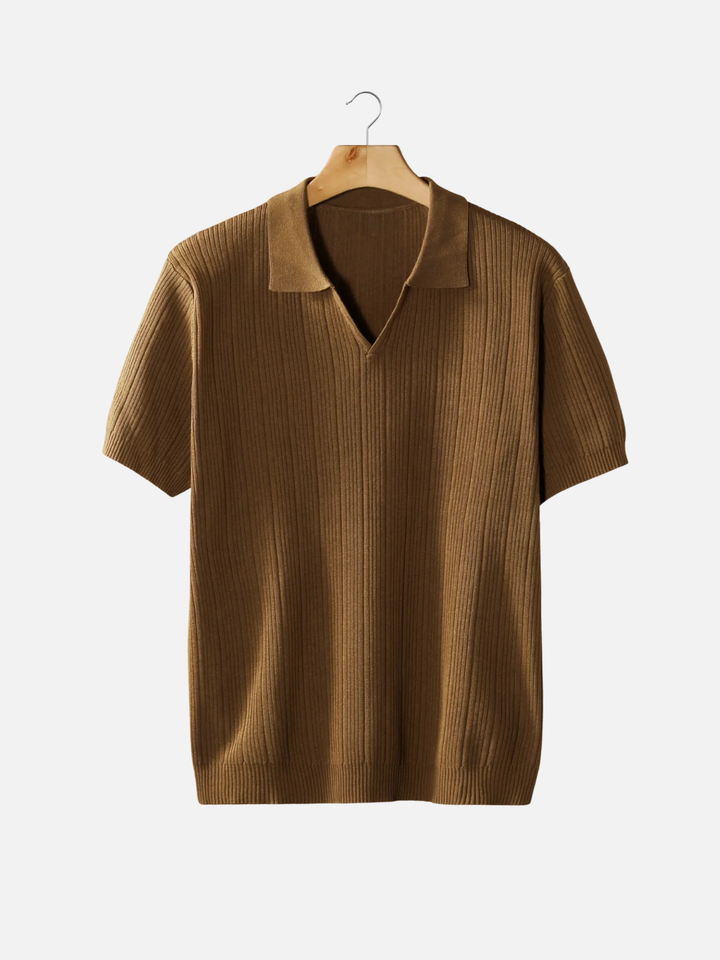 Men’s Ribbed Knit Polo – Lightweight Open Collar Summer Shirt