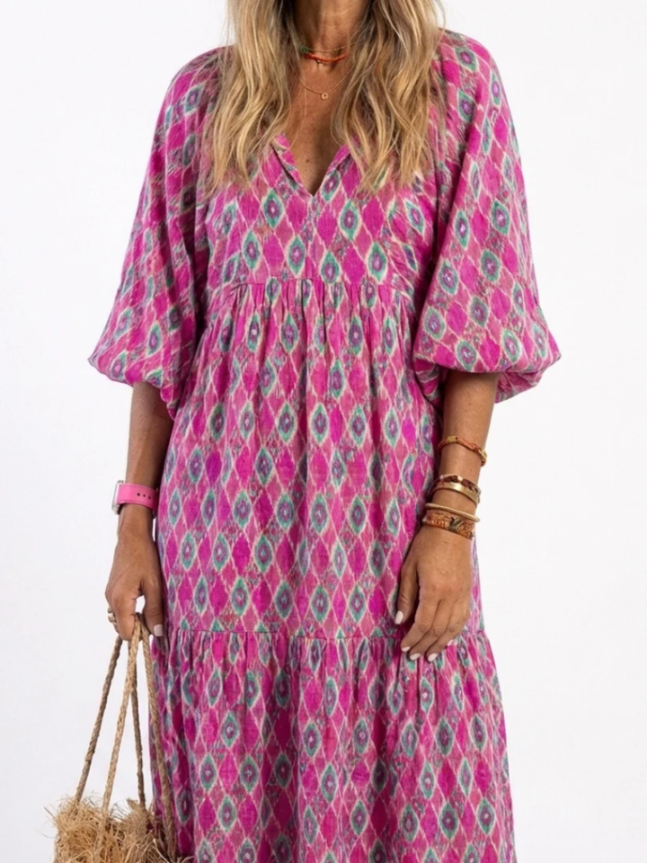 Women's Midi Dress V-Neck Patterned Dress for Work Wear