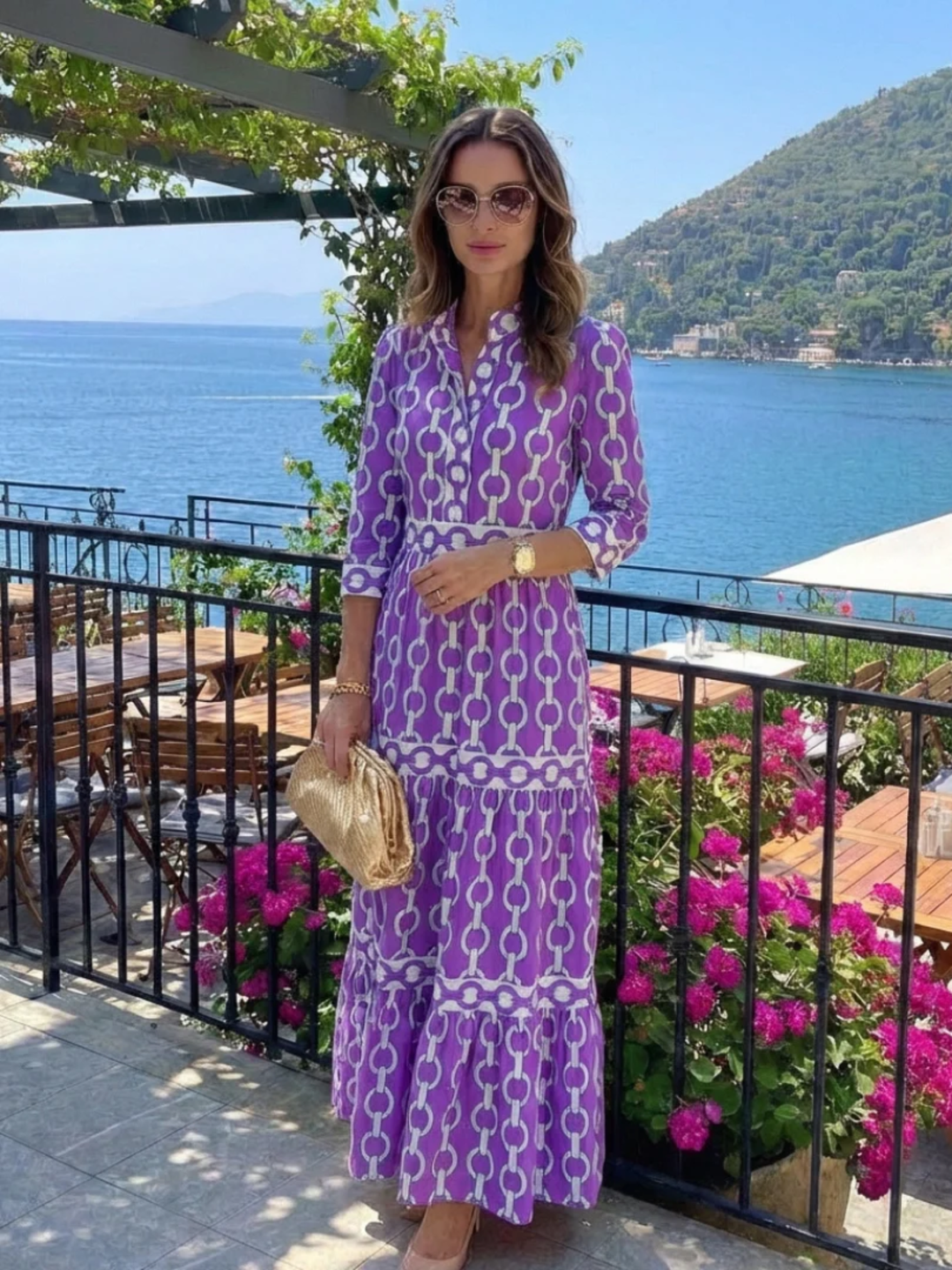 Women's chain print midi dress 3/4 sleeve elegant evening wear