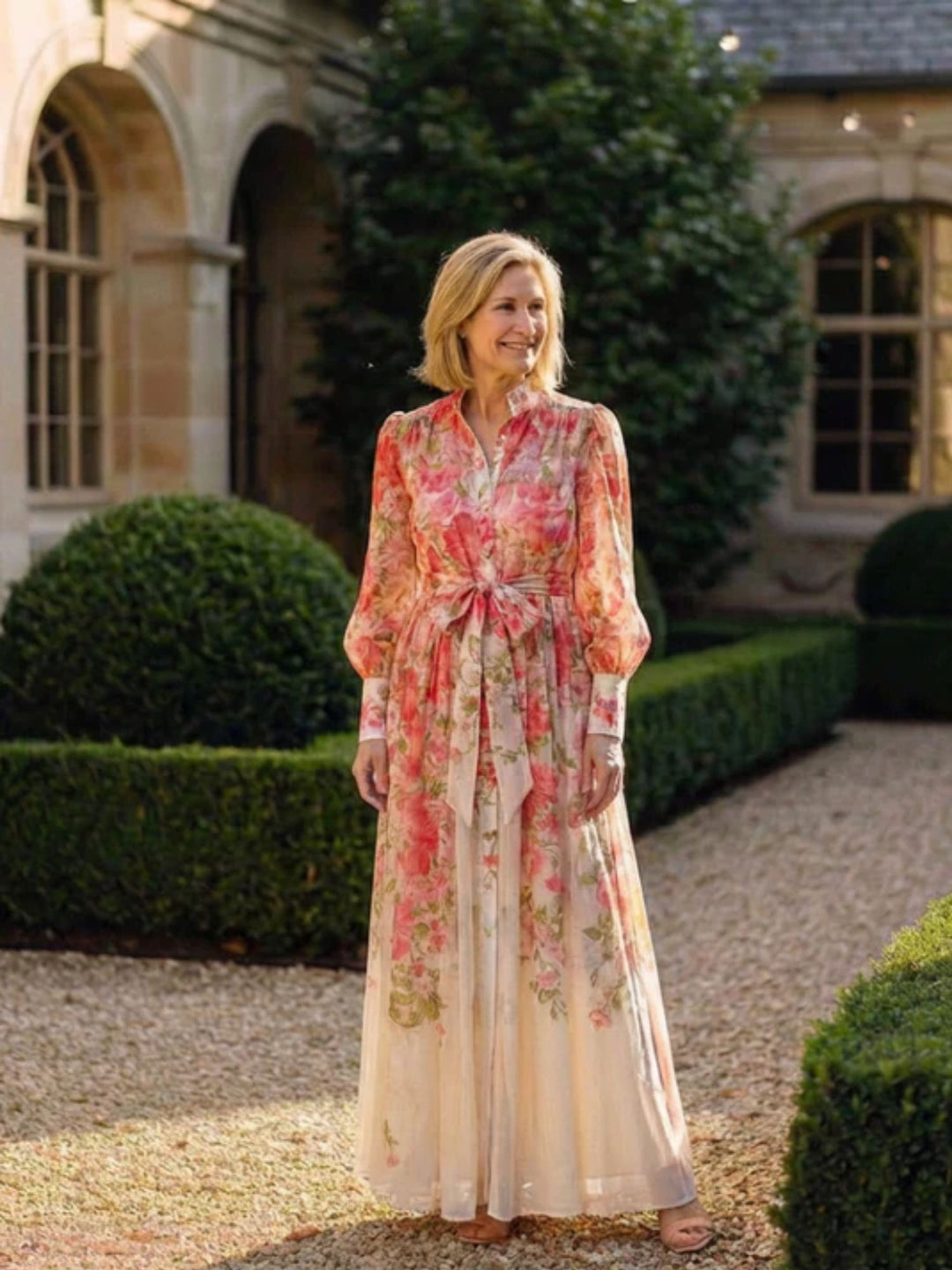 Women floral maxi dress sheer long sleeve summer outfit