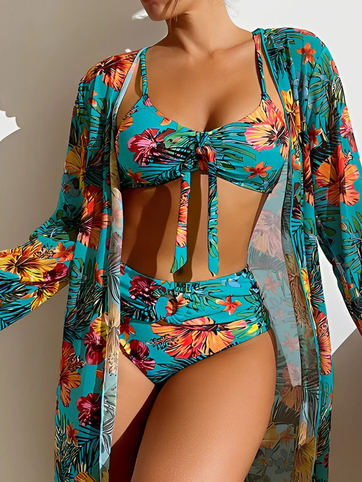 Women’s High Waisted Bikini Set with Cover Up Tropical Print