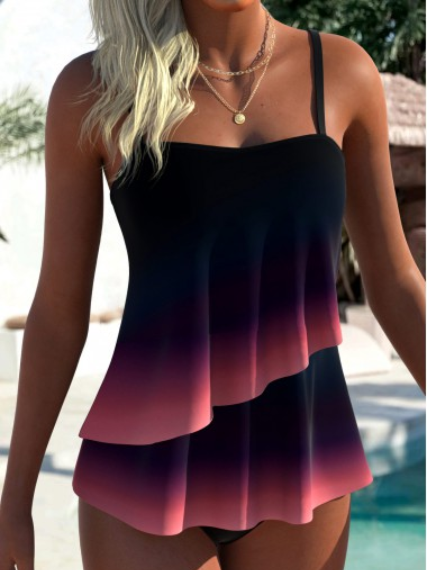 Women’s Tummy Control Tankini Set Mid Waist Striped Swimwear