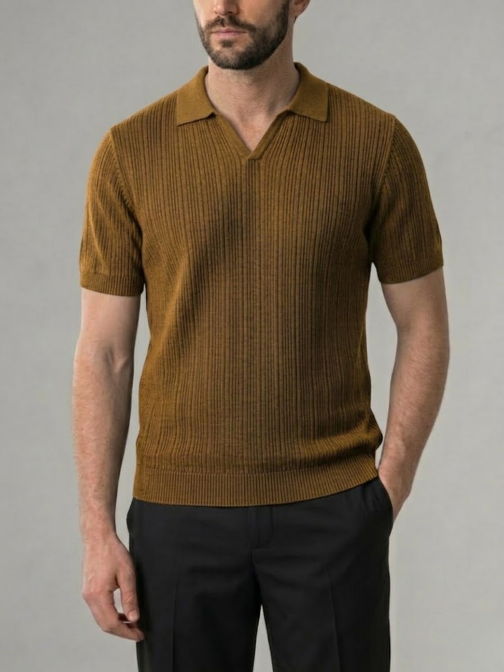 Men’s Ribbed Knit Polo – Lightweight Open Collar Summer Shirt