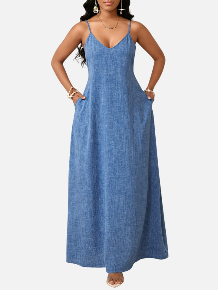 Women's A-Line Maxi Dress Cotton Blend V-Neck Spaghetti Strap