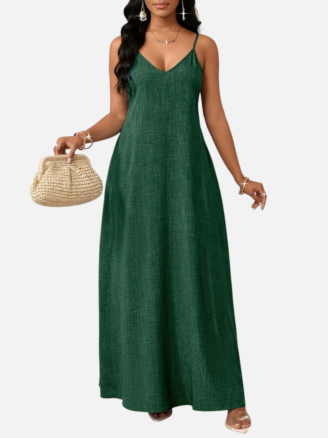 Women's A-Line Maxi Dress Cotton Blend V-Neck Spaghetti Strap