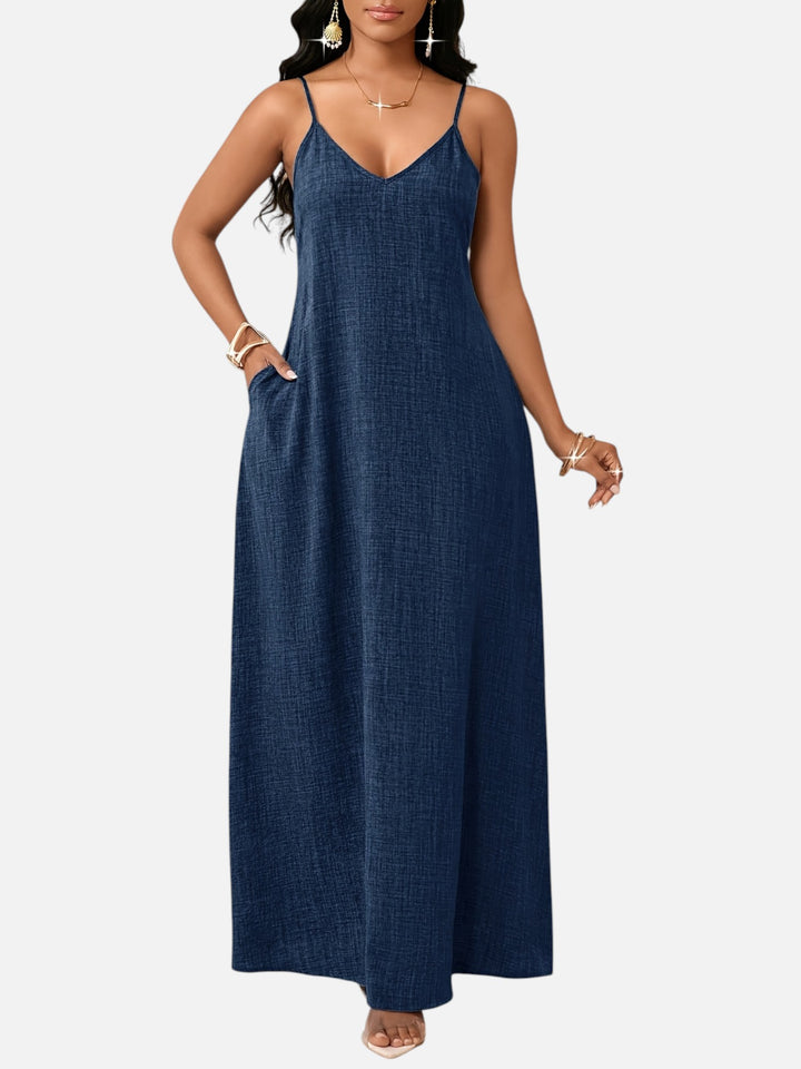 Women's A-Line Maxi Dress Cotton Blend V-Neck Spaghetti Strap