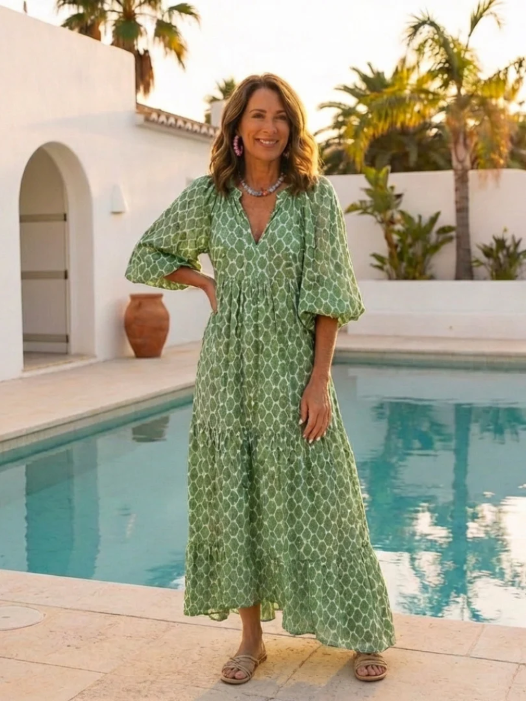 Women's Midi Dress V-Neck Patterned Dress for Work Wear