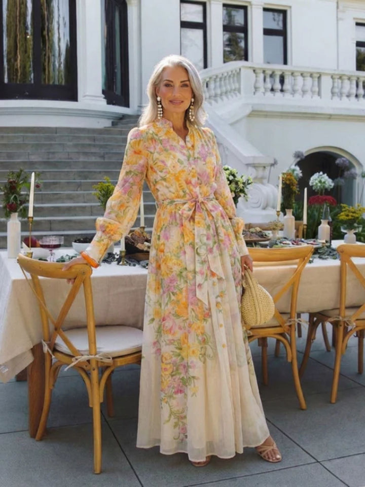Women floral maxi dress sheer long sleeve summer outfit