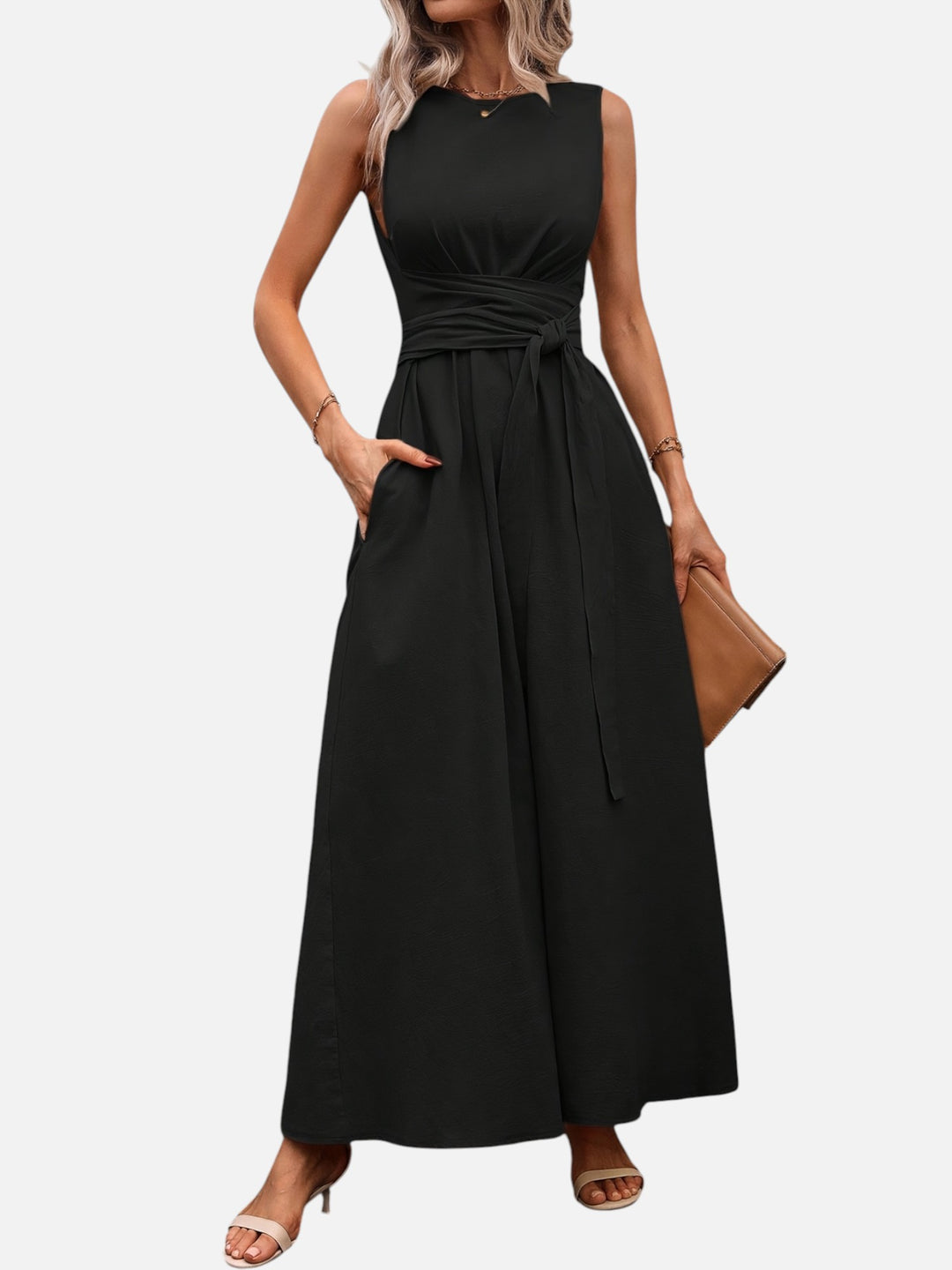 Sleeveless dress for women bow waist casual summer outfit