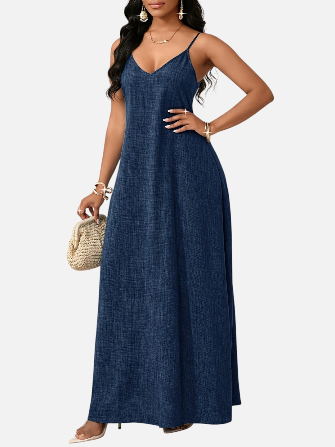 Women's A-Line Maxi Dress Cotton Blend V-Neck Spaghetti Strap