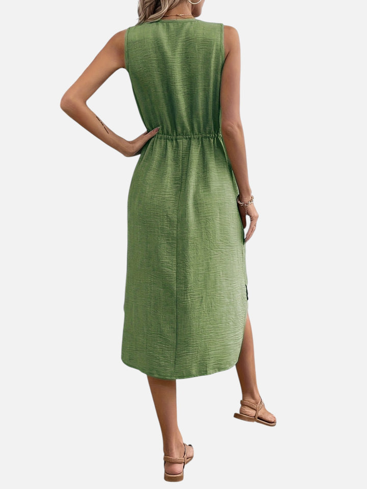 Women's Casual Summer Maxi Dress V-Neck Drawstring Waist