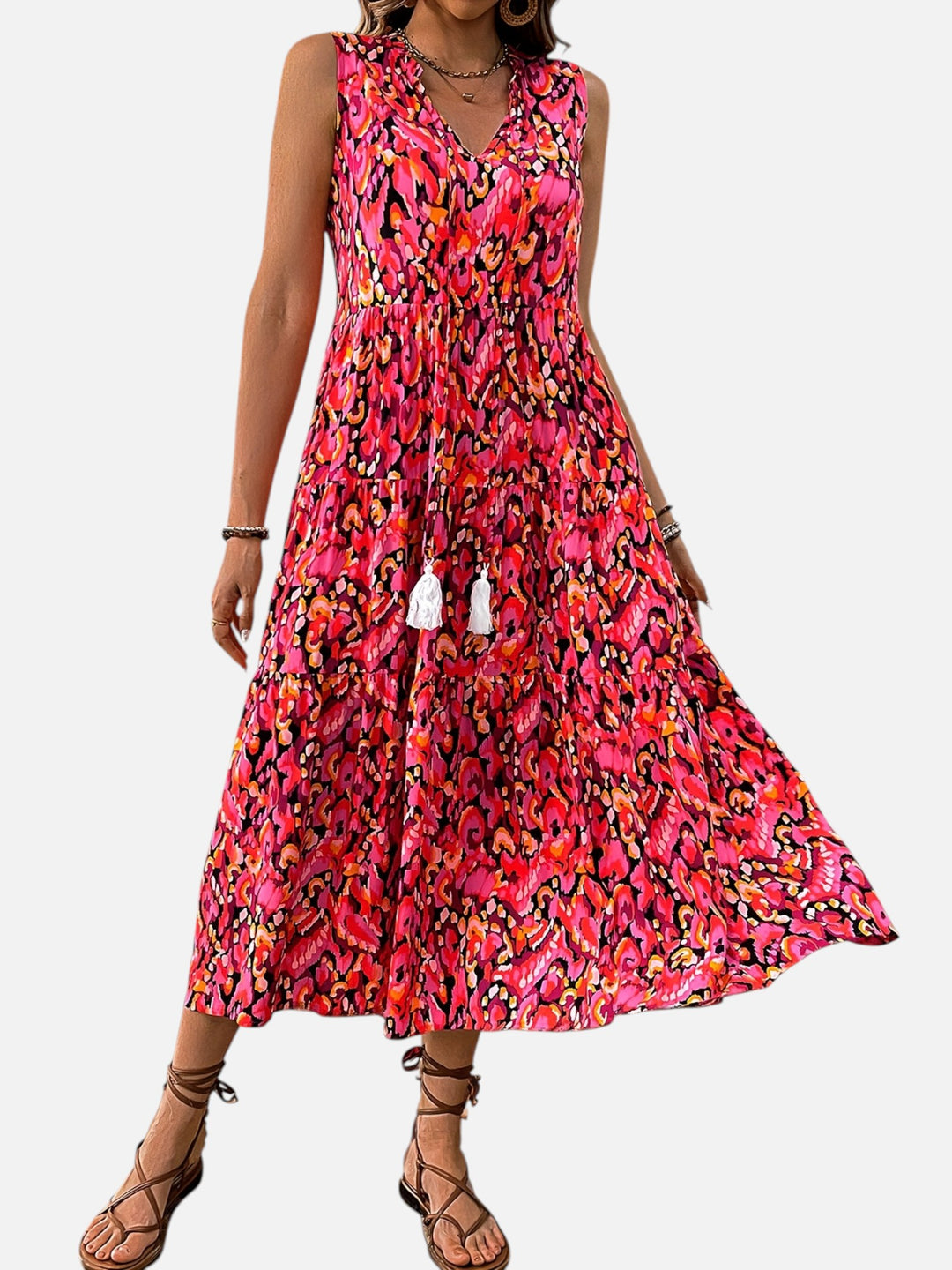 women's boho maxi dress sleeveless summer vacation outfit printed