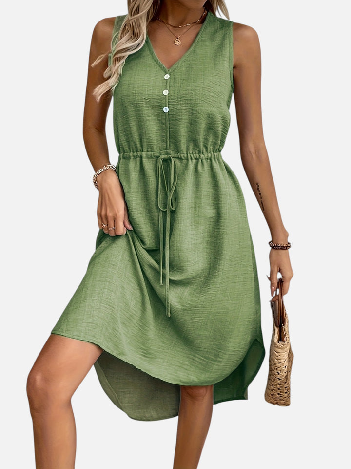 Women's Casual Summer Maxi Dress V-Neck Drawstring Waist