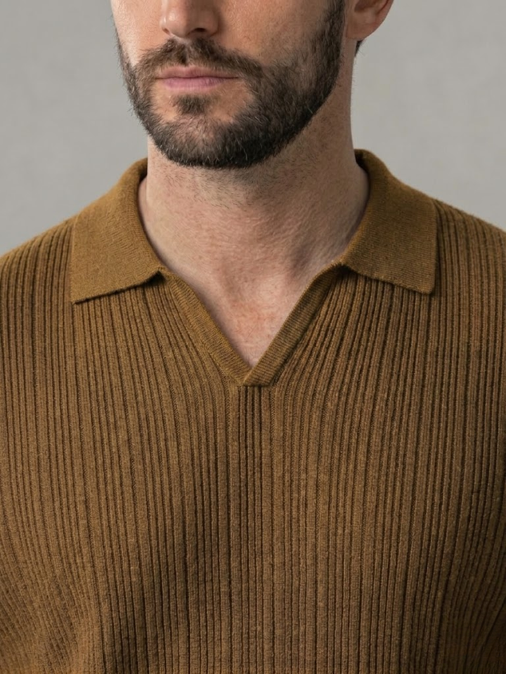 Men’s Ribbed Knit Polo – Lightweight Open Collar Summer Shirt