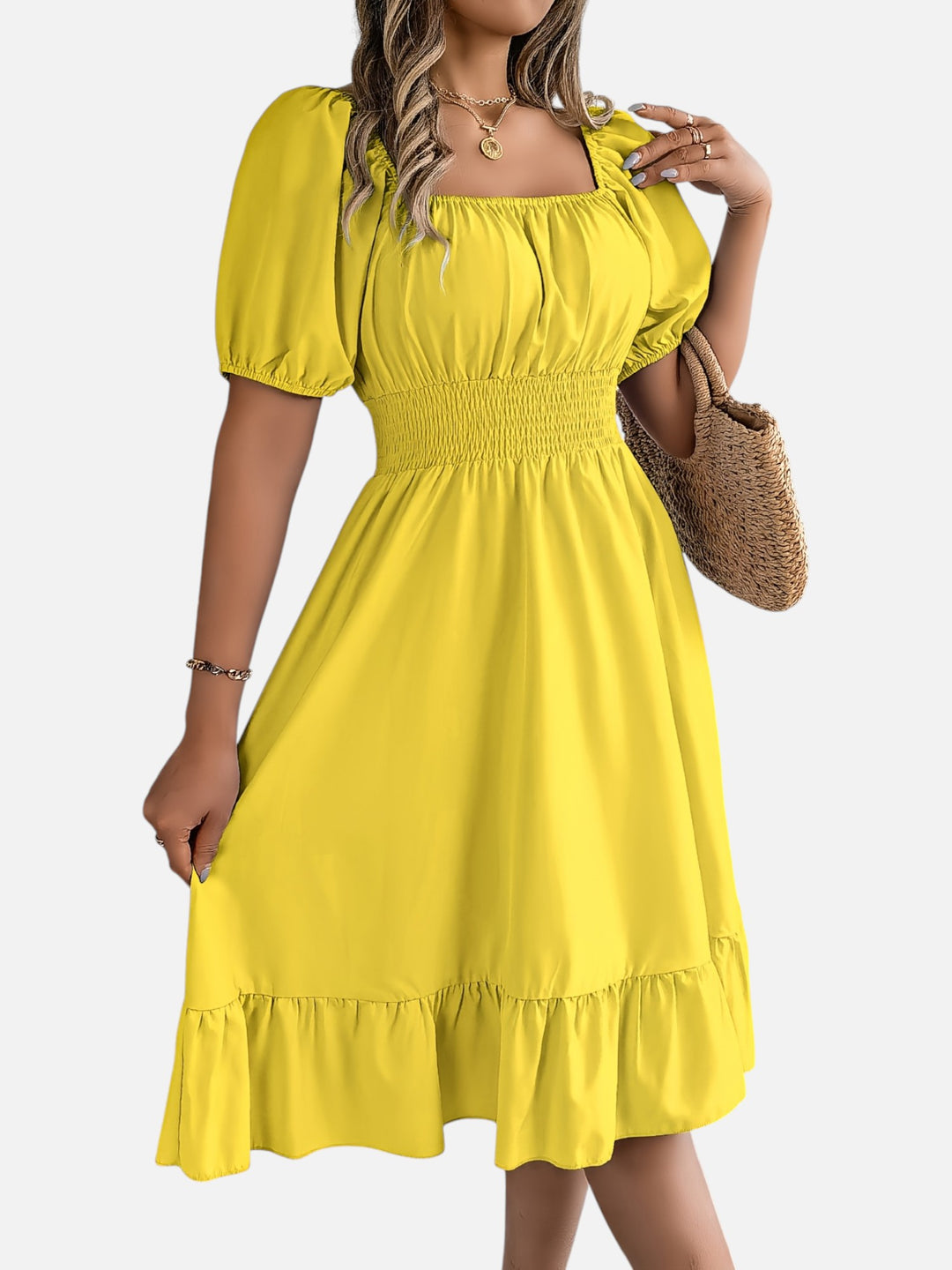 Women’s Midi Dress Square Neck A-Line Waist Belt Summer Dress