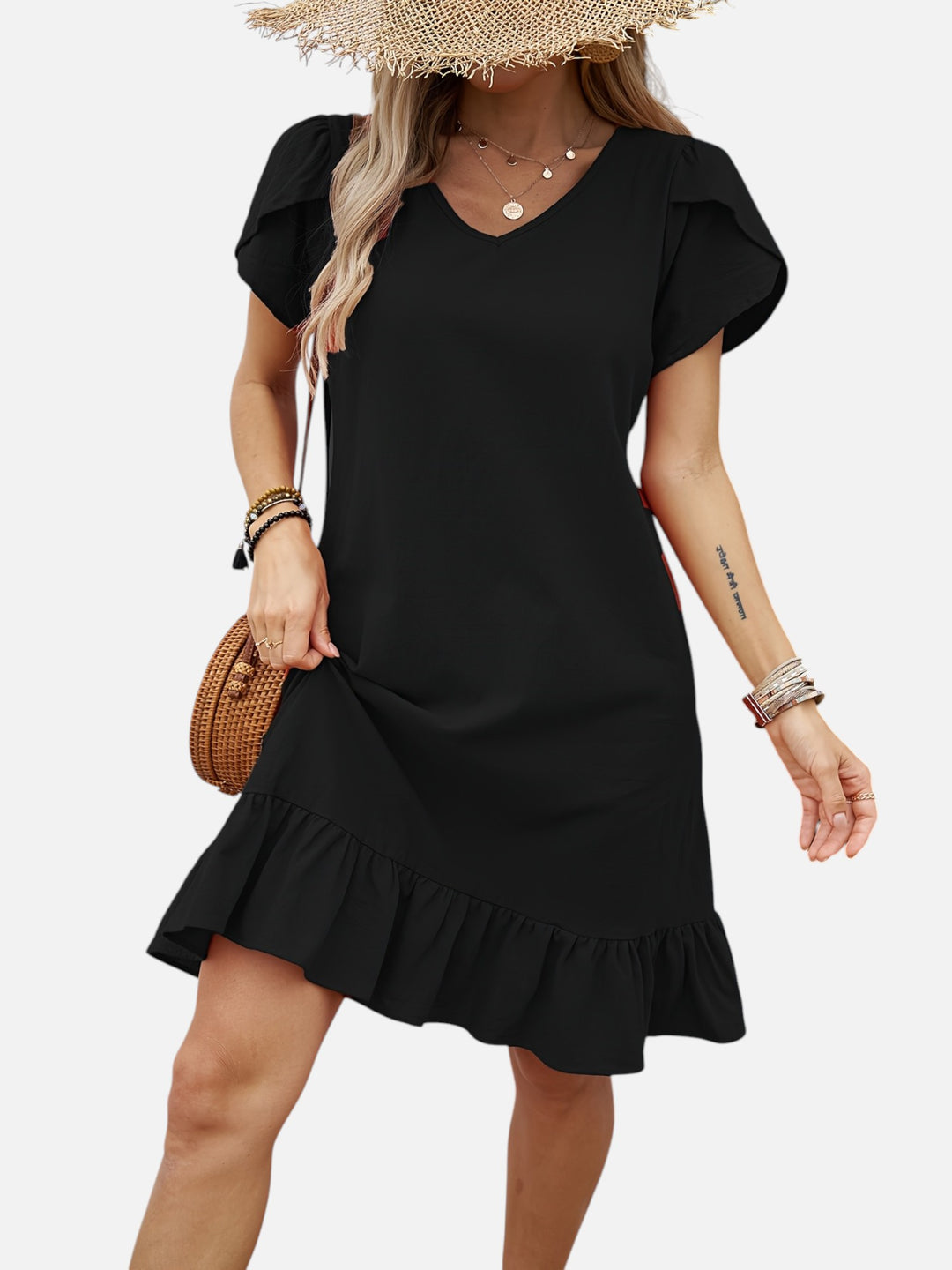 Women's Lightweight V-Neck Ruffle Dress Casual Chic Outfit