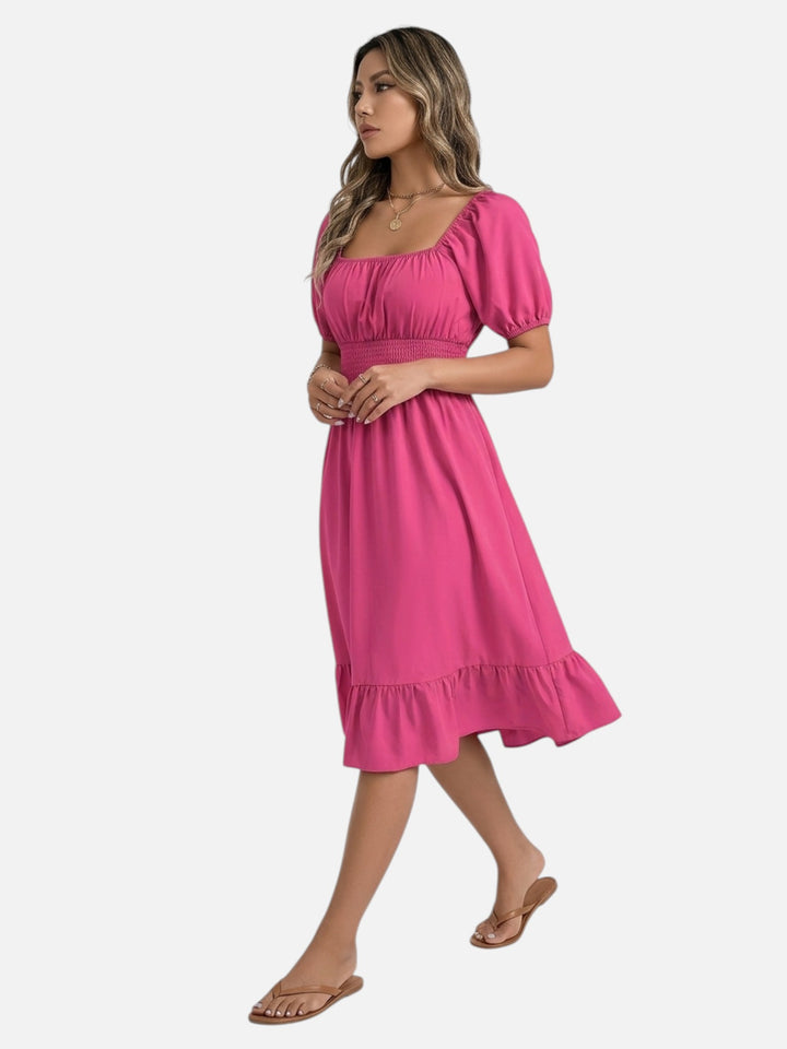 Women’s Midi Dress Square Neck A-Line Waist Belt Summer Dress