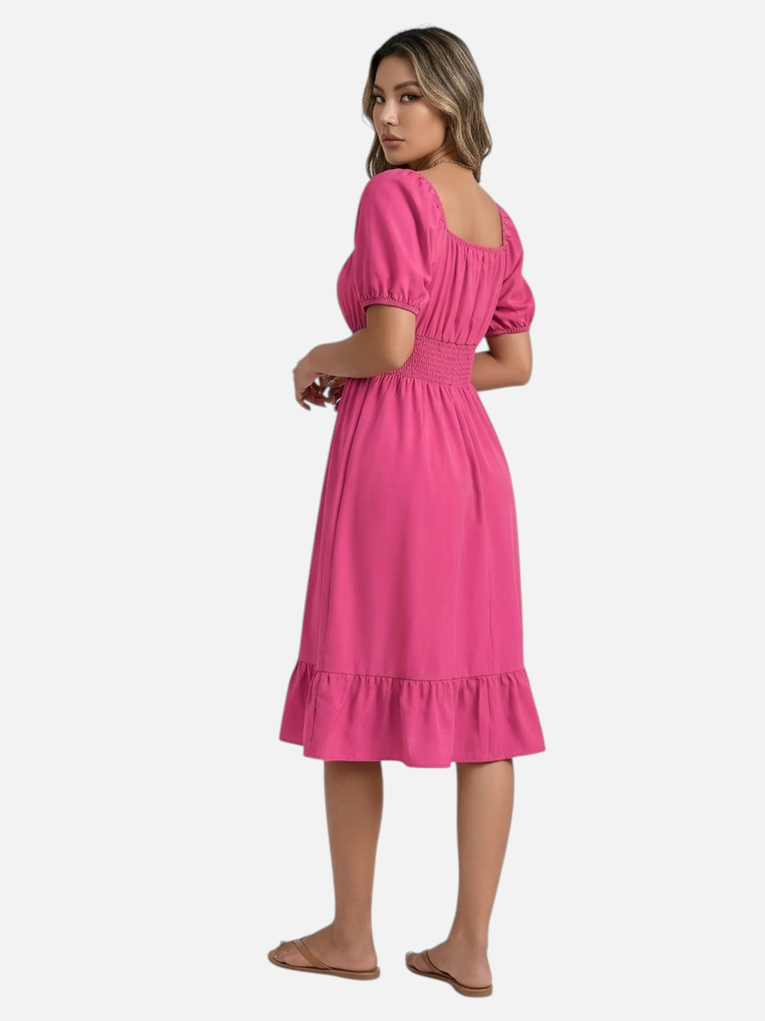 Women’s Midi Dress Square Neck A-Line Waist Belt Summer Dress