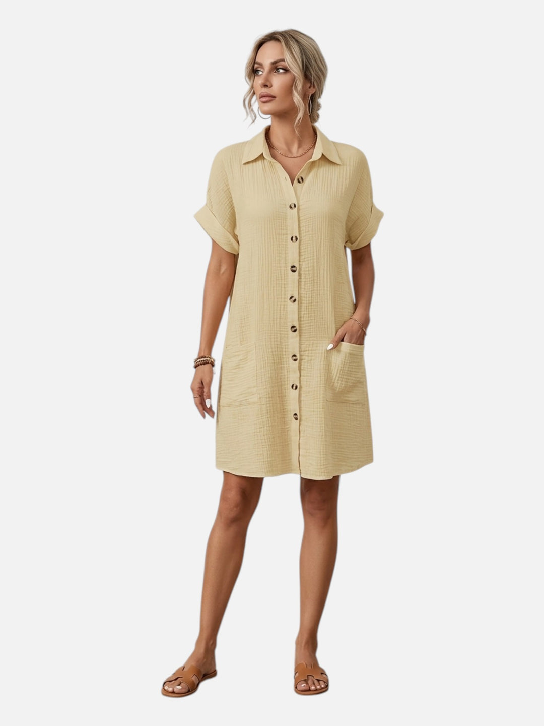 Women’s Cotton Midi Dress Button Front Comfortable Everyday Wear