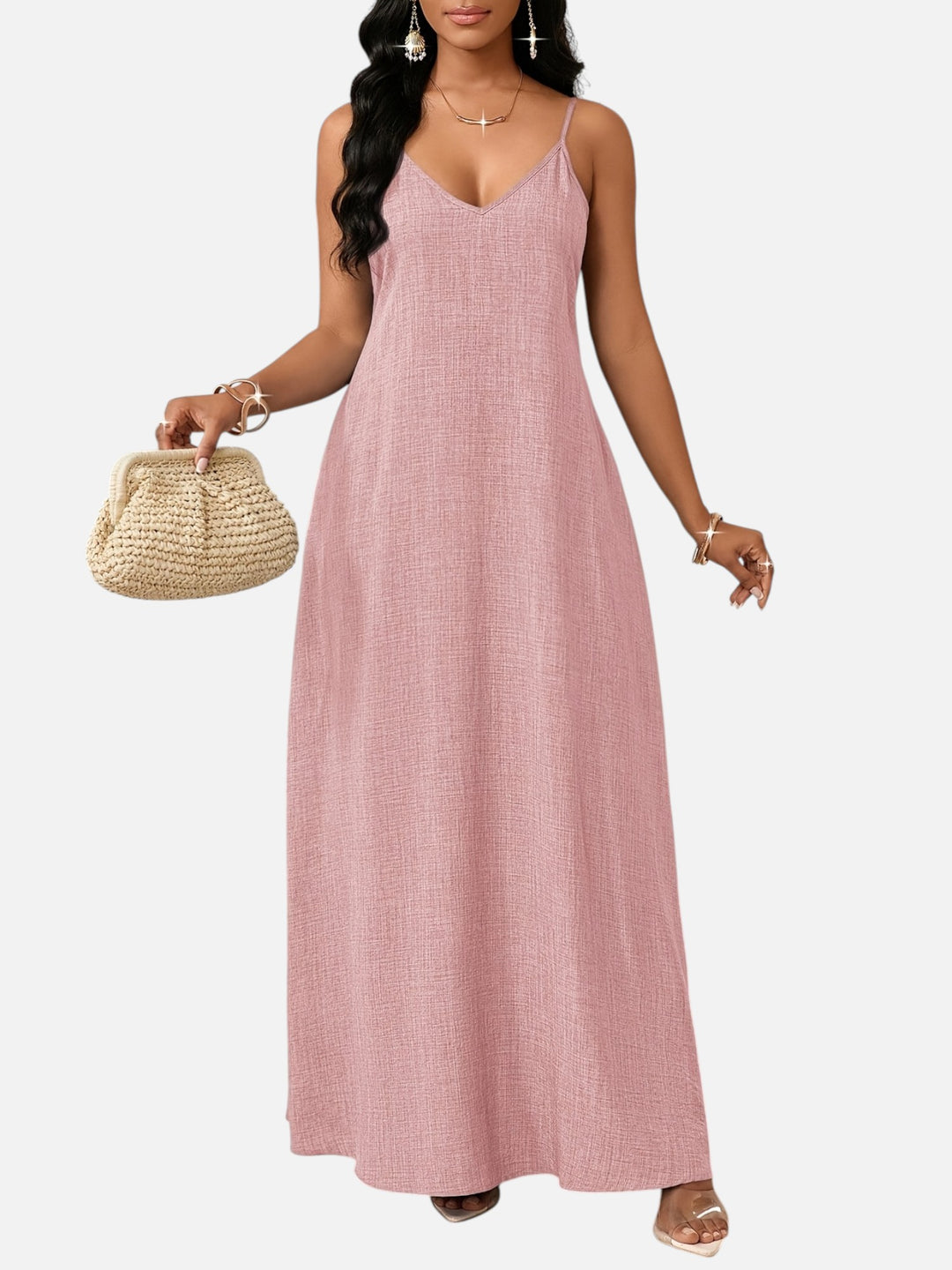 Women's A-Line Maxi Dress Cotton Blend V-Neck Spaghetti Strap