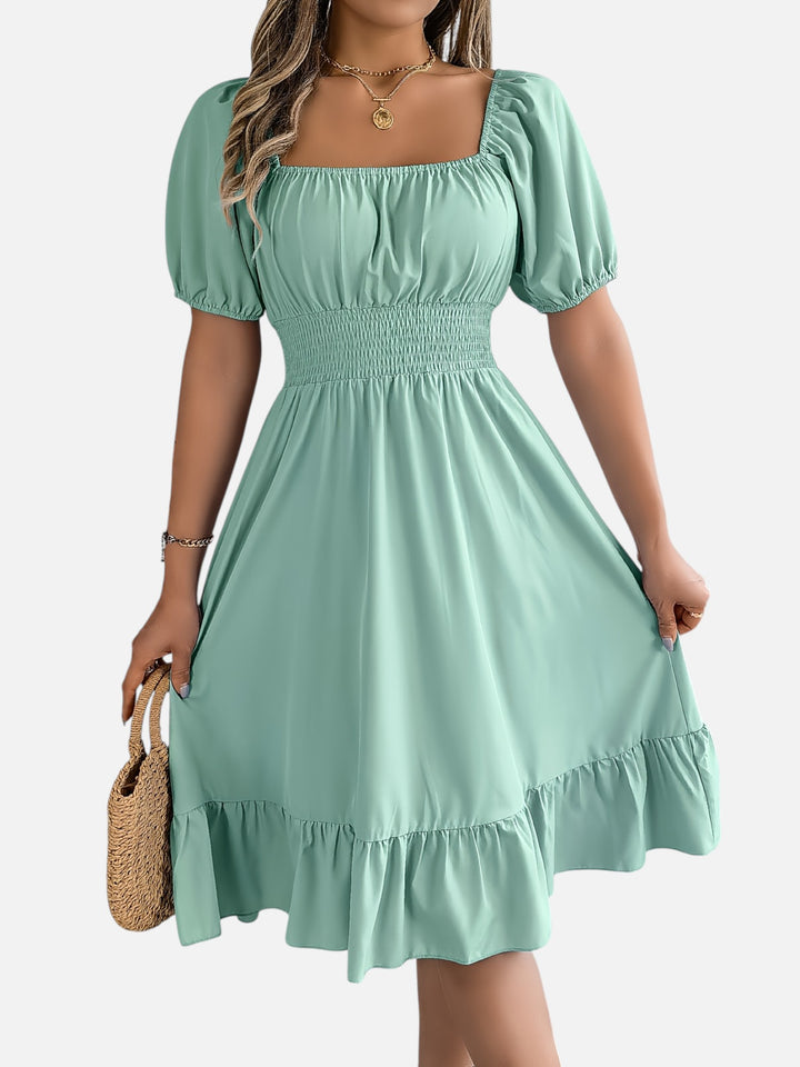 Women’s Midi Dress Square Neck A-Line Waist Belt Summer Dress