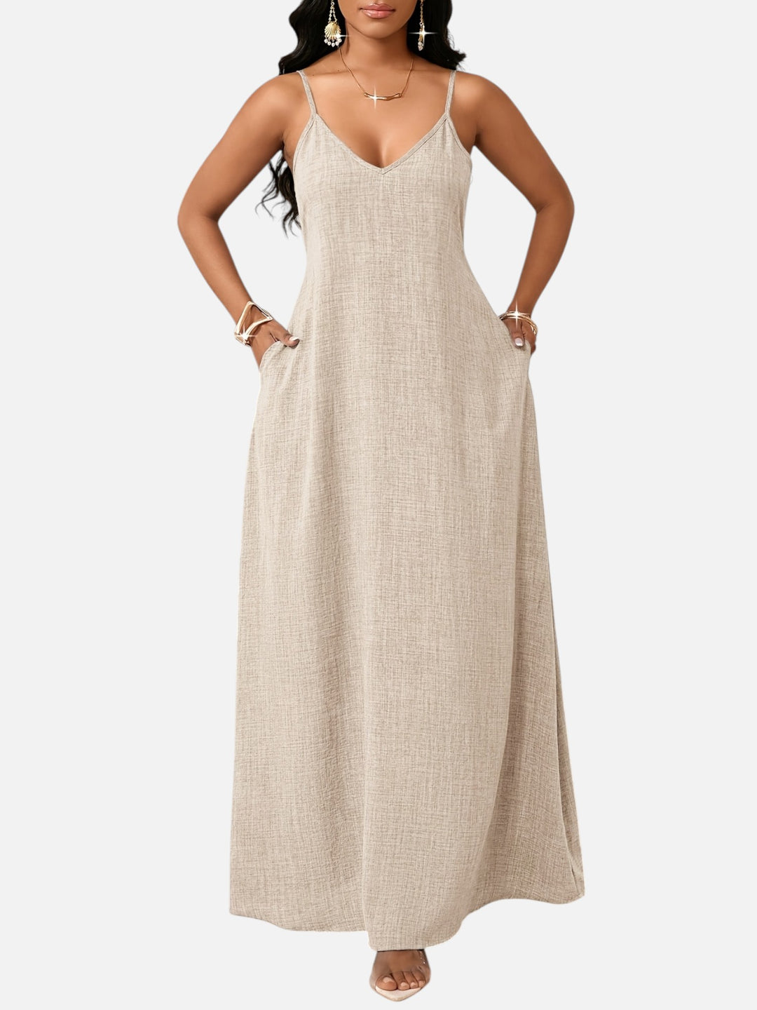 Women's A-Line Maxi Dress Cotton Blend V-Neck Spaghetti Strap